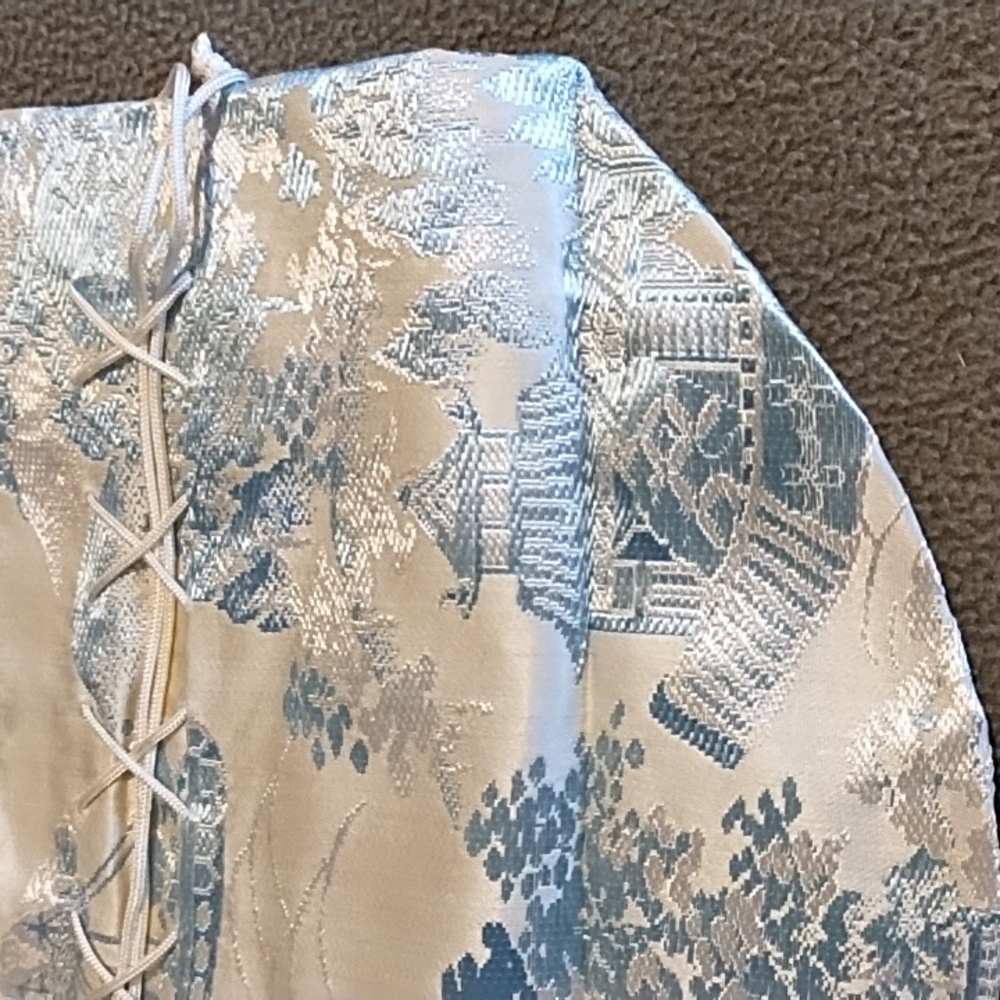 Hand Crafted Silk Damask Reticule Drawstring Bag Crane Temple Blue Silver - Picture 8 of 8